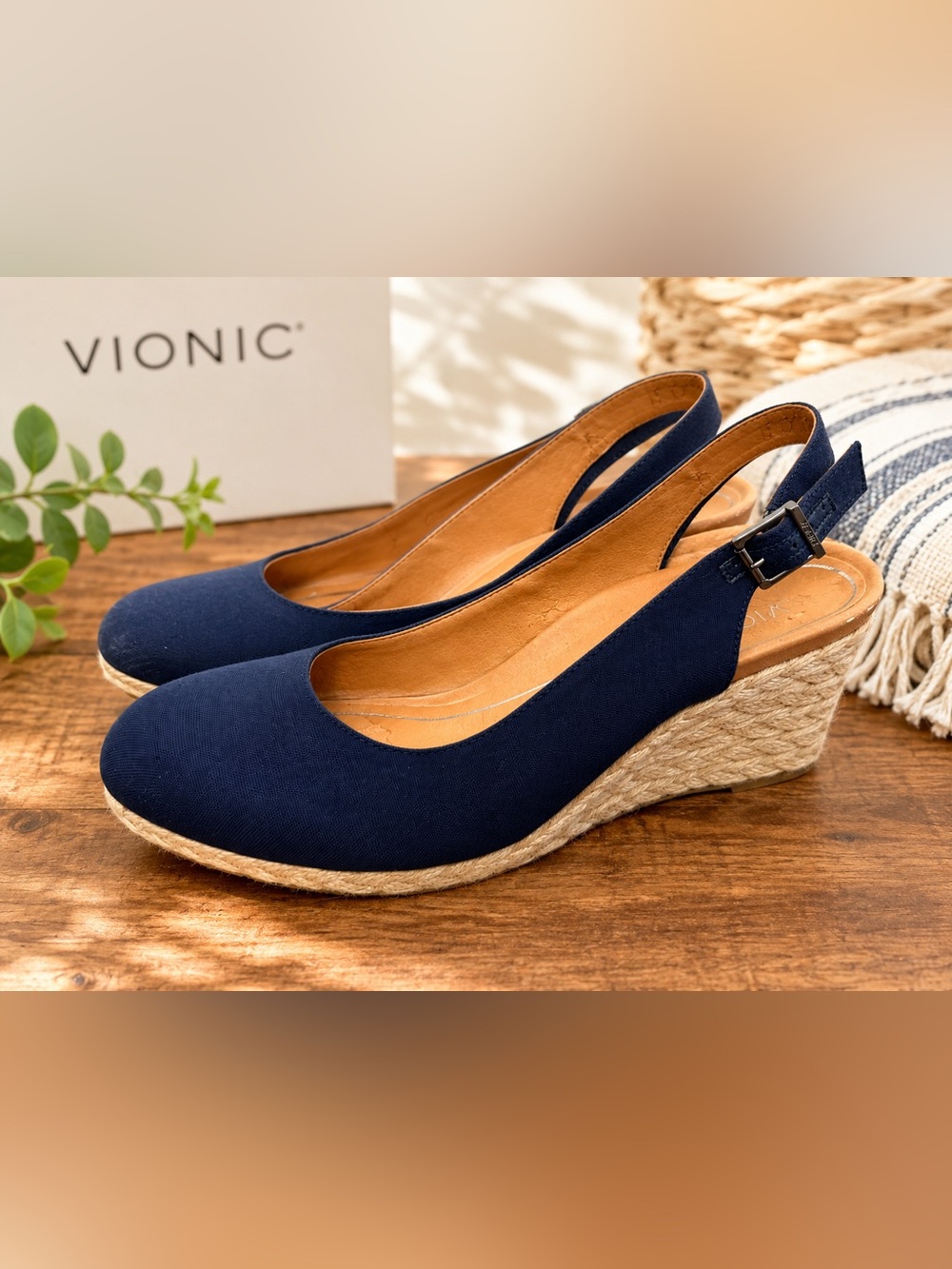 Vionic Coralina Navy Canvas Espadrille Wedge Slingback Shoes Women’s 9